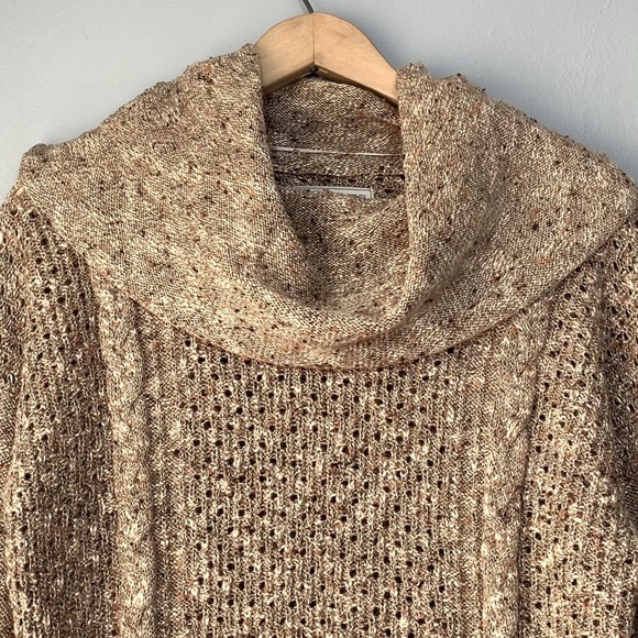 Bass Womens Small Marled Tan Boho Sweater Fringed Tunic Top Cowl Neck Cable Knit - Picture 3 of 8